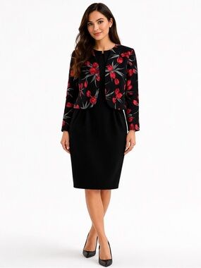 Leslie Fay Black & Red Floral Jacket & Dress Suit Set